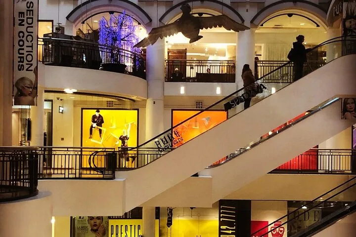 Shopping mall interior with escalators and decorative bird sculptures